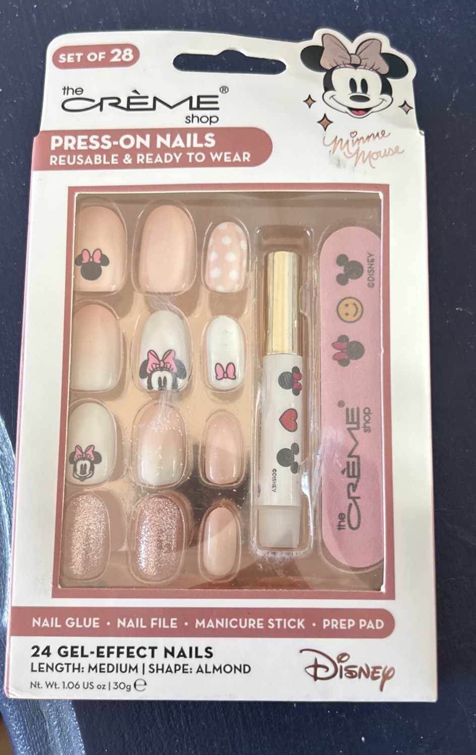 The Crème Shop Minnie Mouse Reusable Press On Nails 24 Gel Effect Med Length NEW