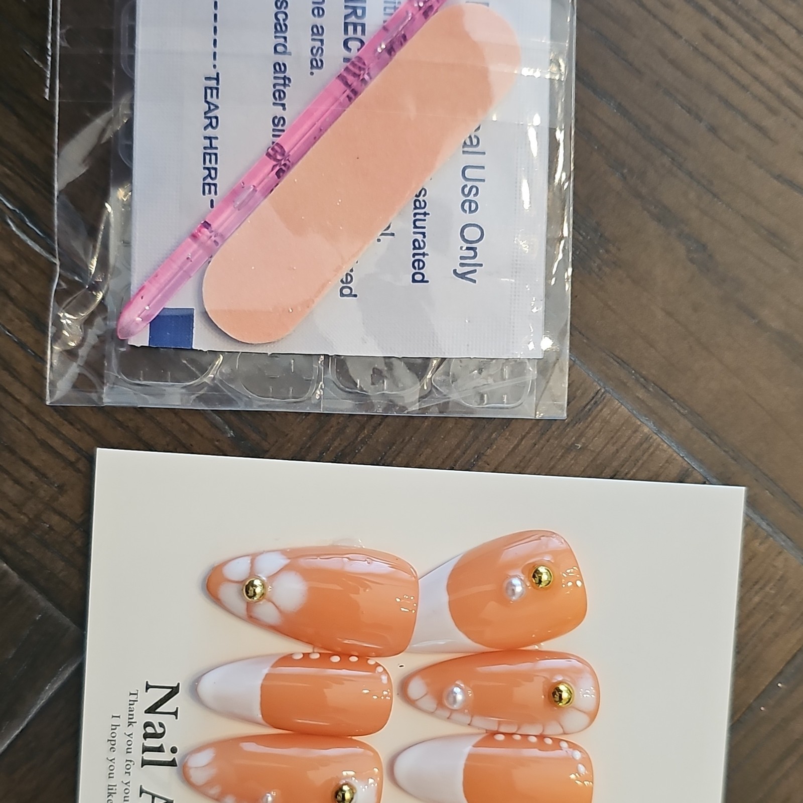 Press-On Nails Large, Medium Length Almond White French Floral