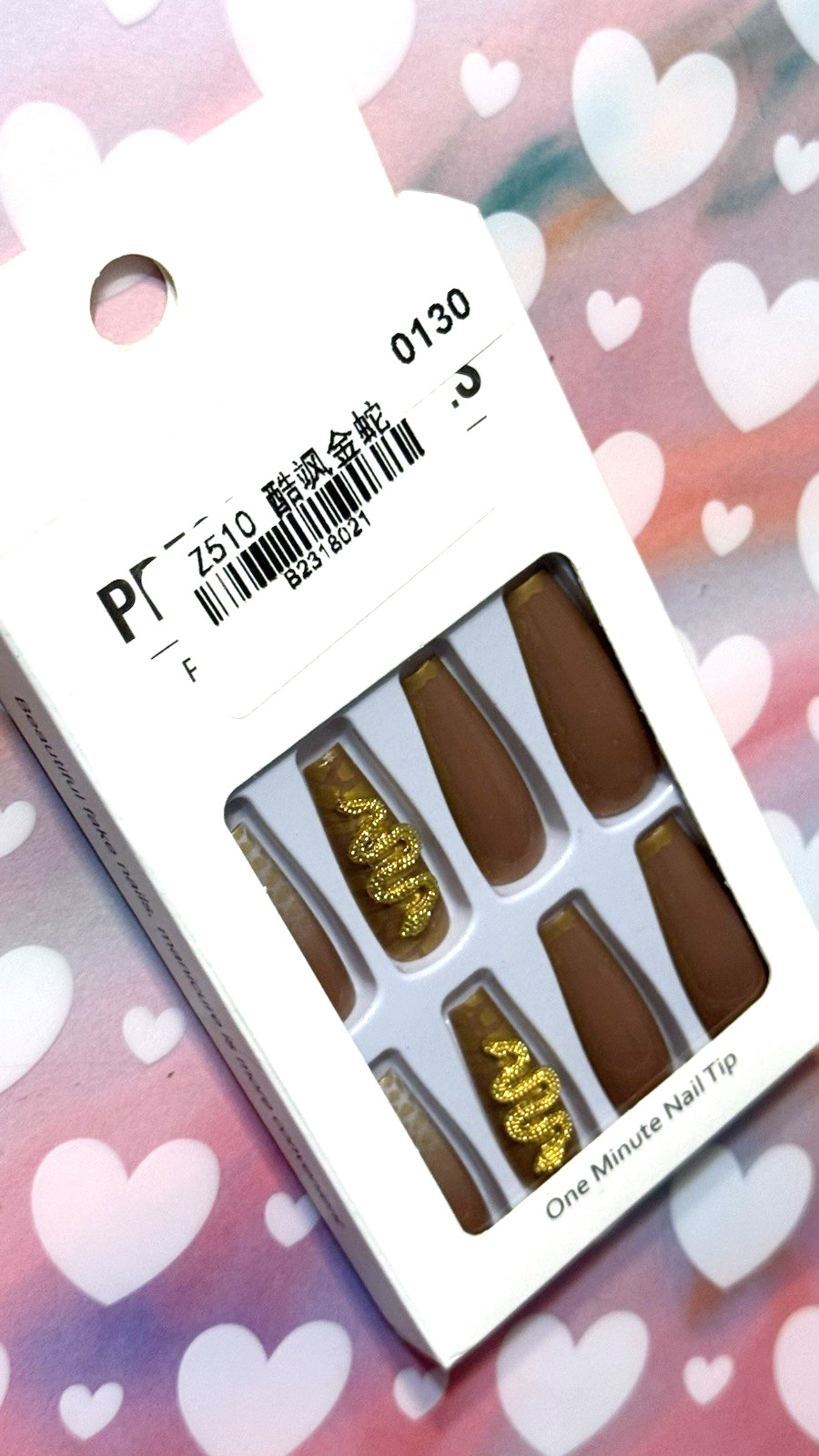 Press On Nails One Minute Nail Tip SNAKESKIN PRINT GOLD DETAILS DARK NUDE 24 NIB