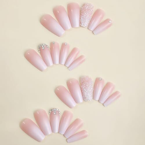 Pink Press on Nails Long Square Coffin Fake Nails Pink White 3-Pink Gradient