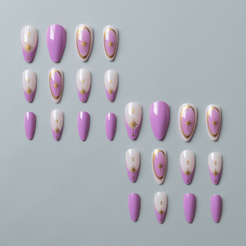 48Pcs-Long Almond Lavender Purple Gradient Gold Star Line Elegant Press on Nails