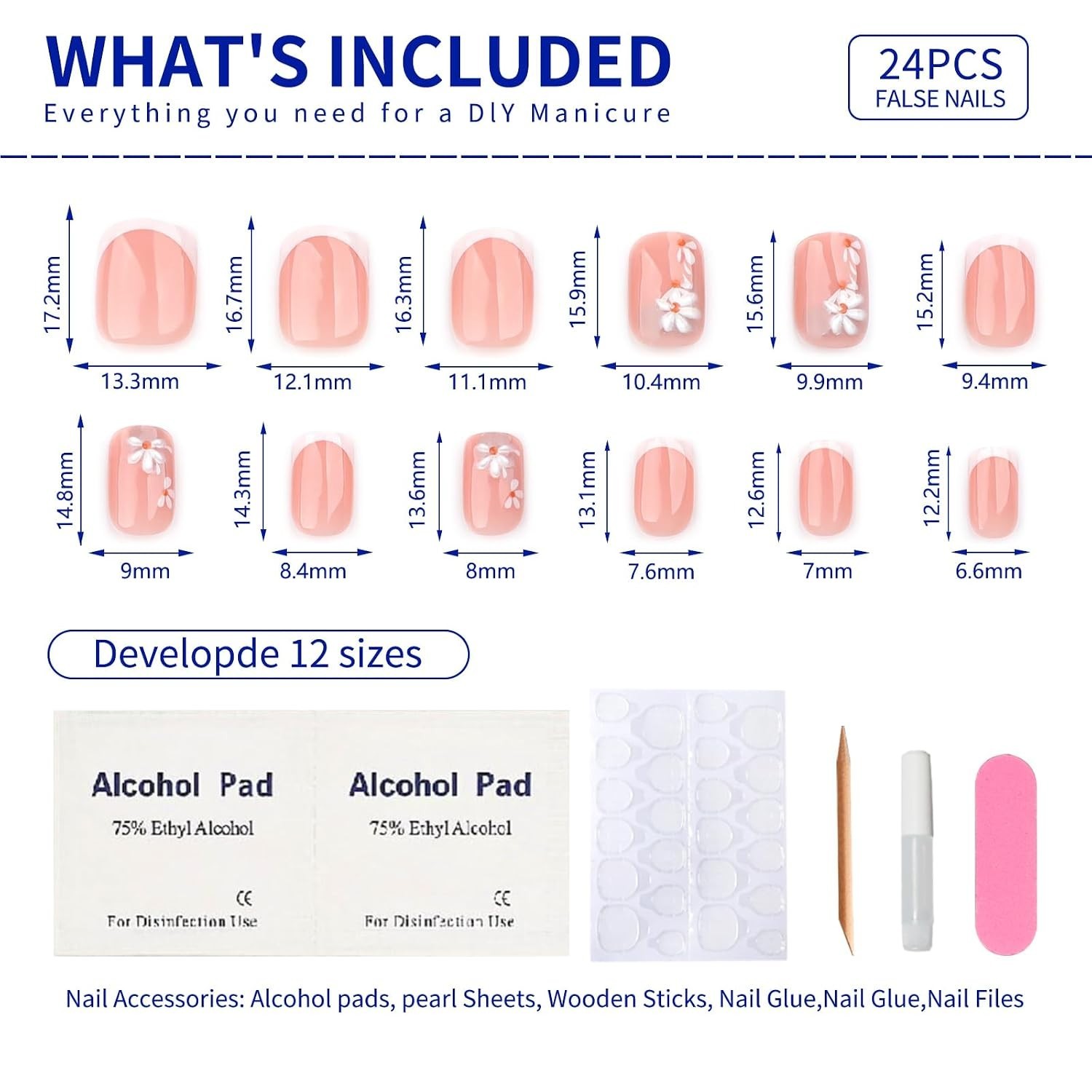 French Nude Press On Nails Short Square, Summer Fake Nails with White French …