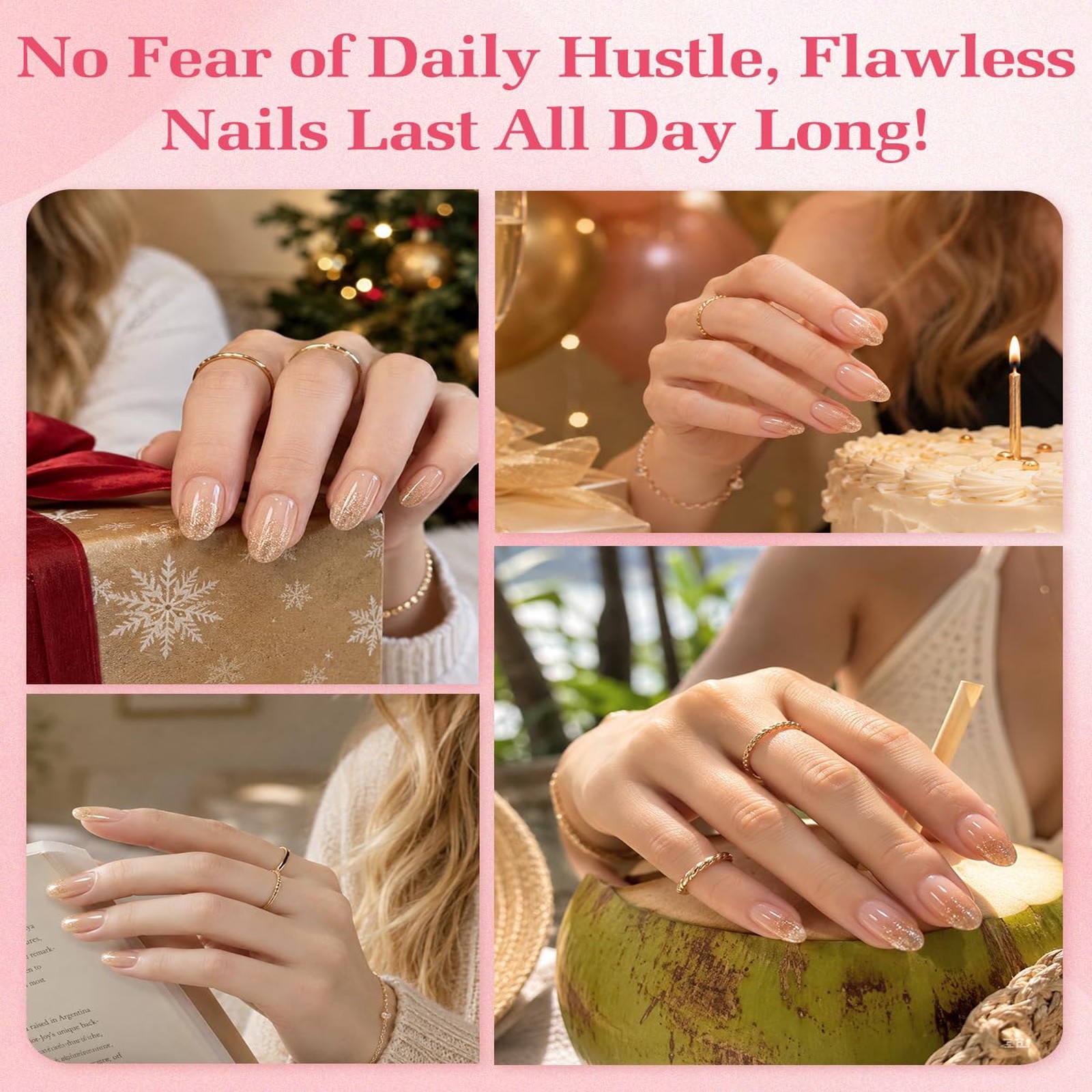 Skiennix Almond Press On Nails Gold Glitter Ombre French