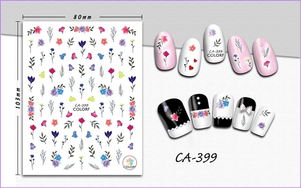 Nail art 3D stickers decal red blue purple yellow flowers green leaves CA399
