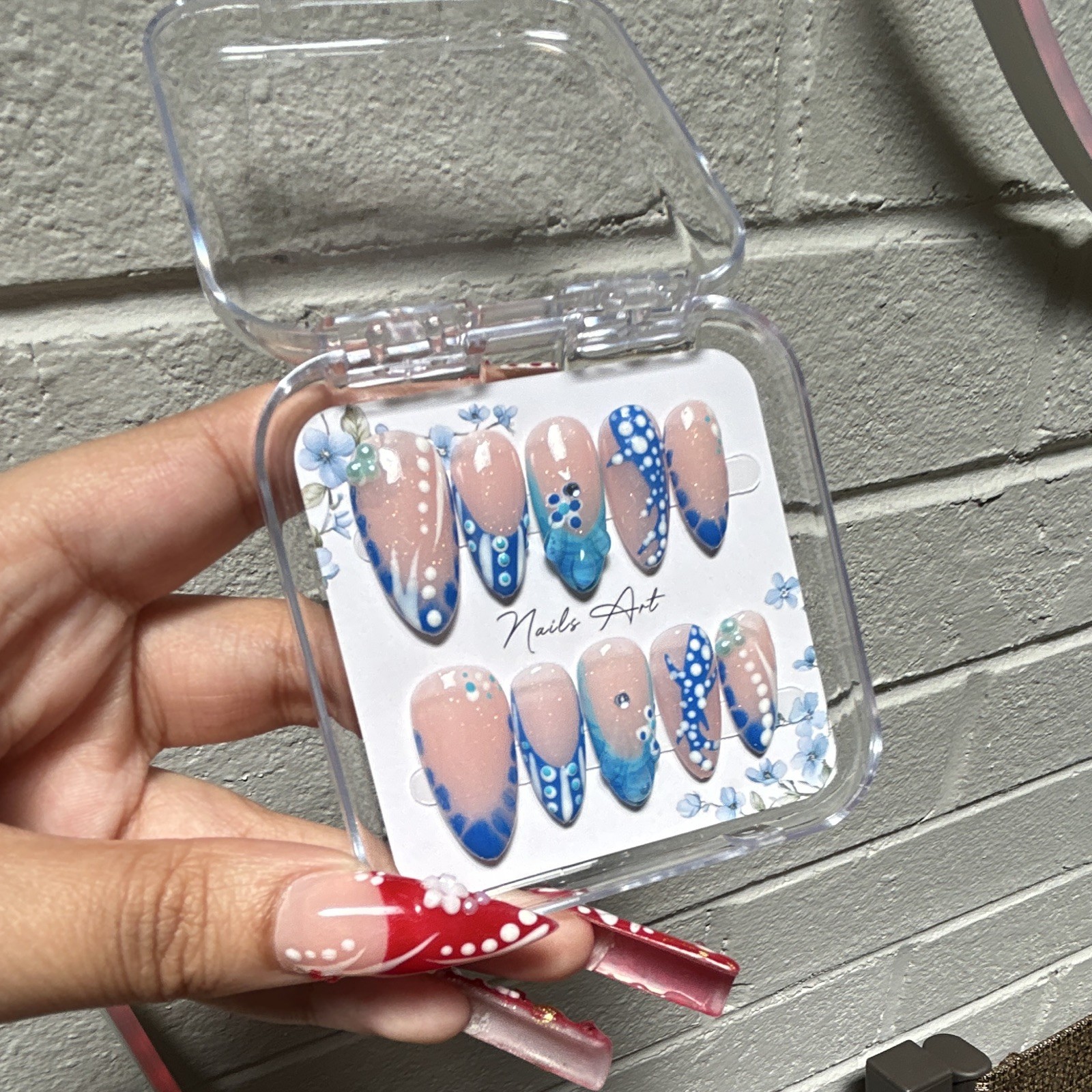 Blue Nude Ocean Acrylic Press-On Nails Long Coffin Full Cover Set