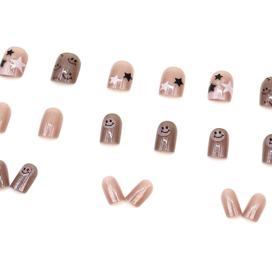 48 Pcs Star Smiley Press on Nails, Short Square Pink Cat Eye Daily Fake Nails