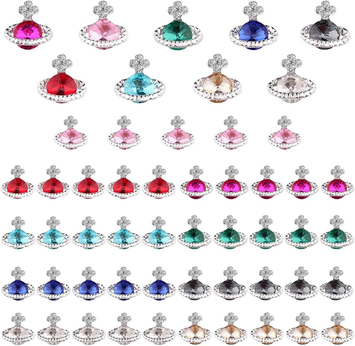 Planet Nail Charms, 54 Pcs 3D Nail Rhinestones Shiny Silver Saturn Shape, Nail A