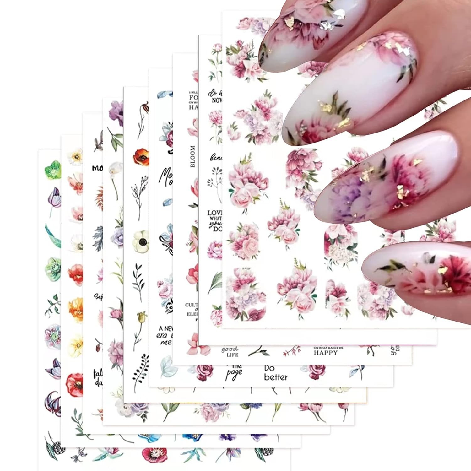 Artistic Floral Nail Stickers 03 – 9 Piece Set for Creative Nail Art at Home