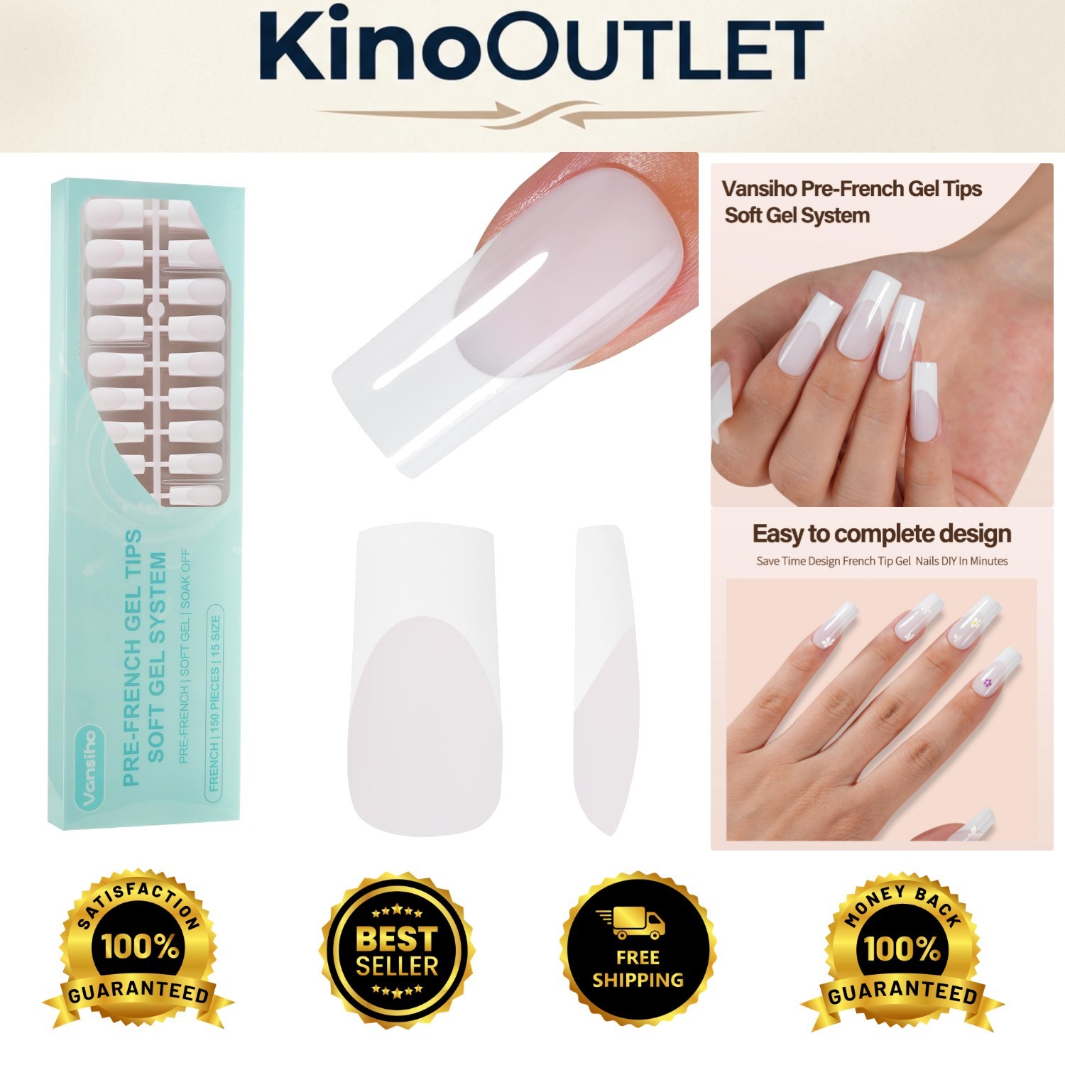 150PCS Milky White French Gel Nails – Long Square Soft Tips, No Primer Needed!