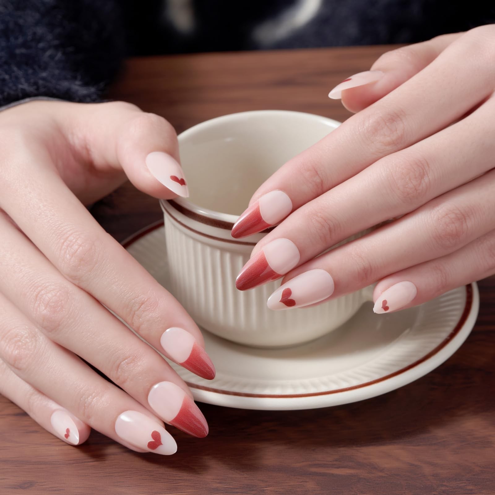 French Tip Press on Nails,Red Medium Almond Handmade False Nails with Sweet H…