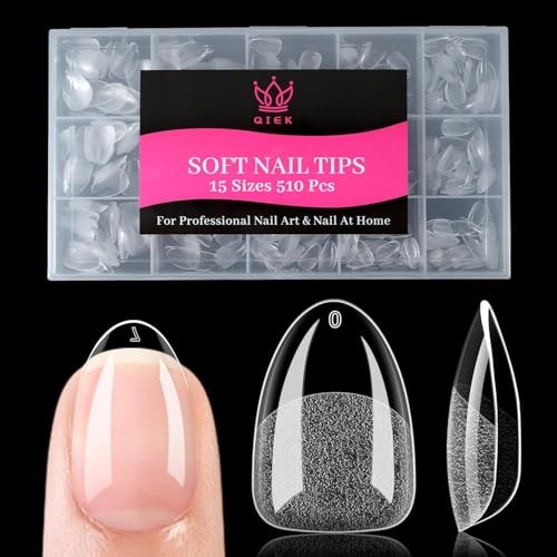 Extra Short Almond False Nail Tips, 15 Sizes 510 PCS Clear A-Extra Short Almond