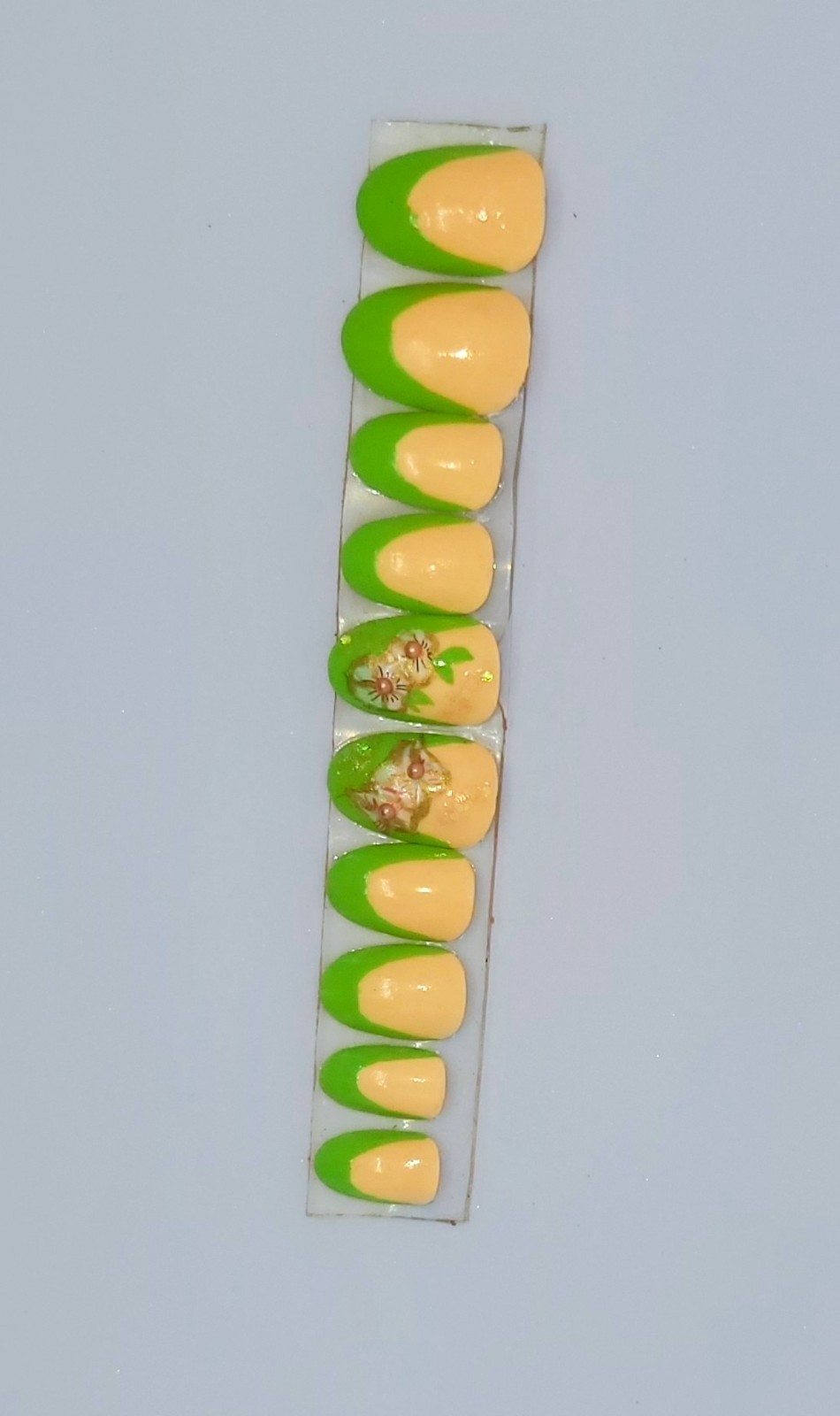 KFN Press On Nails ​Green French|Medium Oval|Hand Painted Floral Foil Art Kit 10