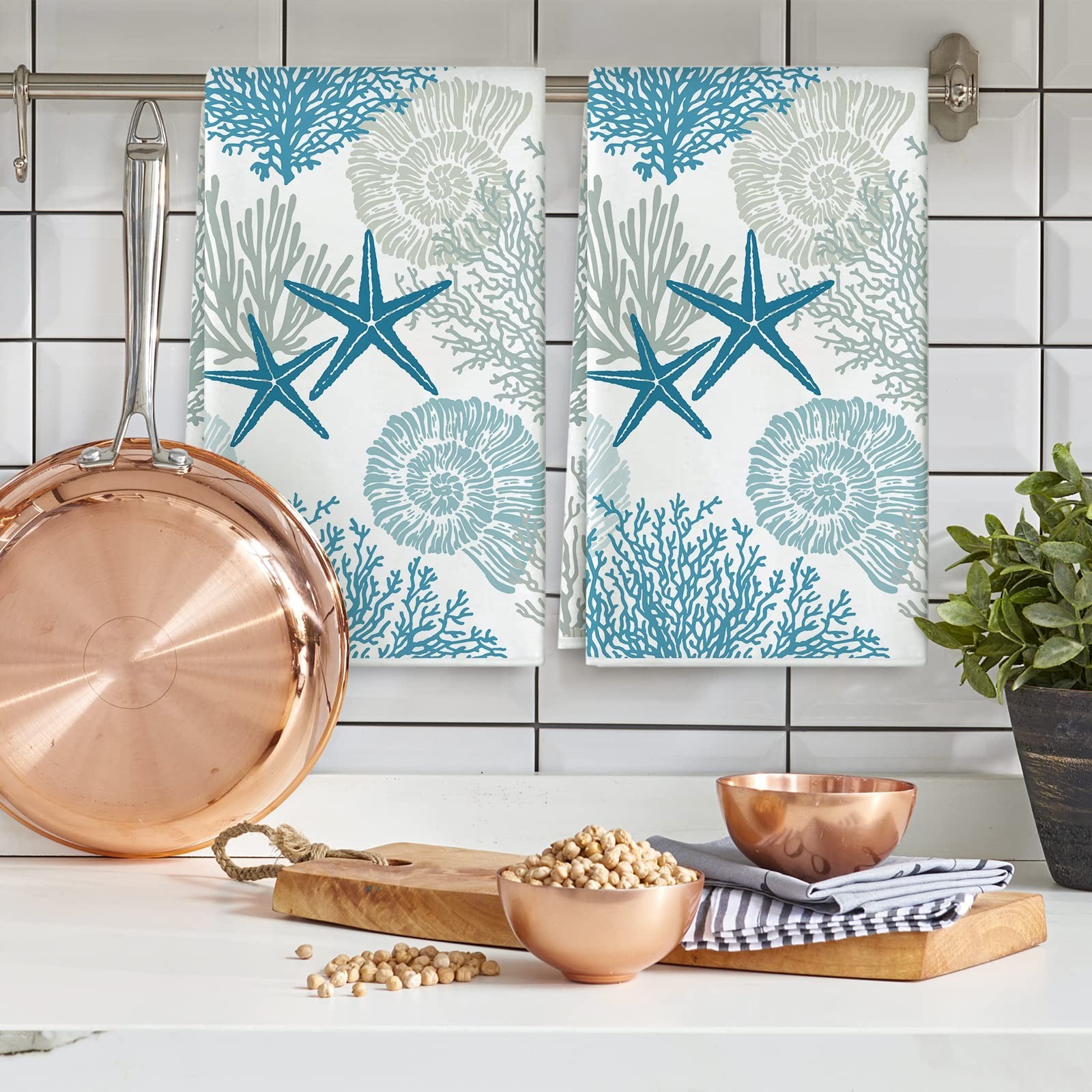 AnyDesign Ocean Theme Kitchen Dish Towel Beach Seashell Coral Starfish Hand D…