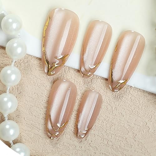 Press on Nails Almond Medium Fake Nails nude pink Sparkling Gold French Tip
