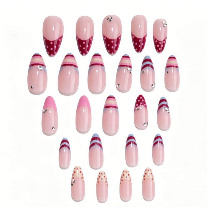 72pcs-Pink Press on Nails Almond French Tip Polka Dot Stripes Rhinestone Accents