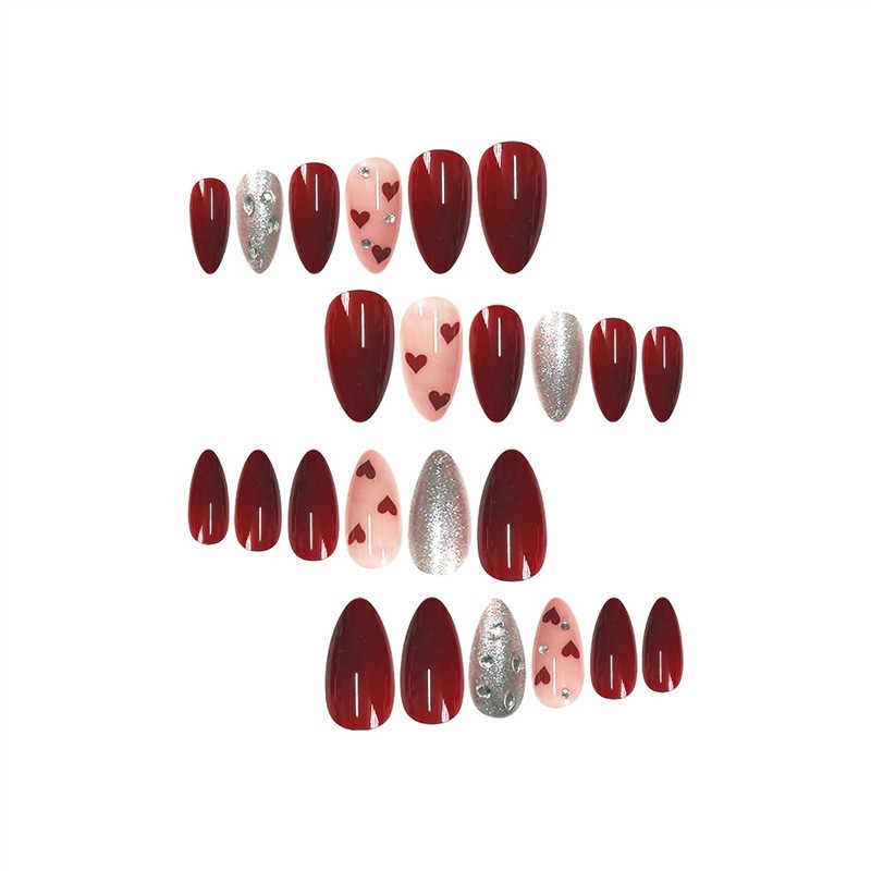 Almond Glitter Press On Nails Double Sided Love Heart Removable