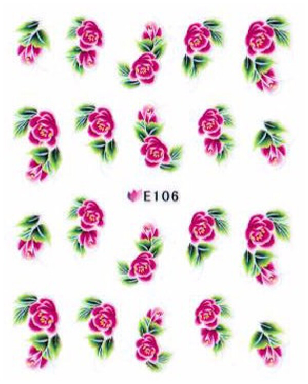 Nail Art 3D Decal Stickers red flowers with green leaves E106
