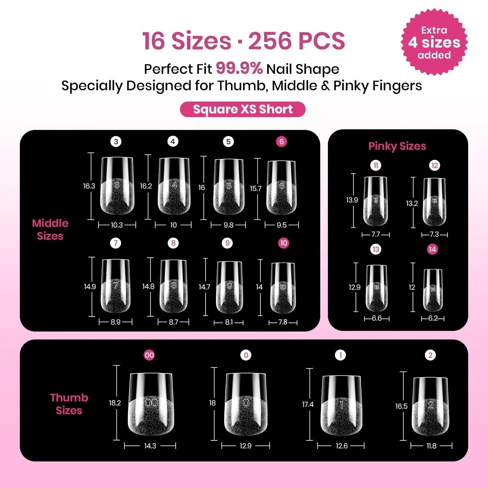 Instant Nail Tips, XS Square 256pcs (00-14) | No Builder Gel, DIY Acrylic Nails,