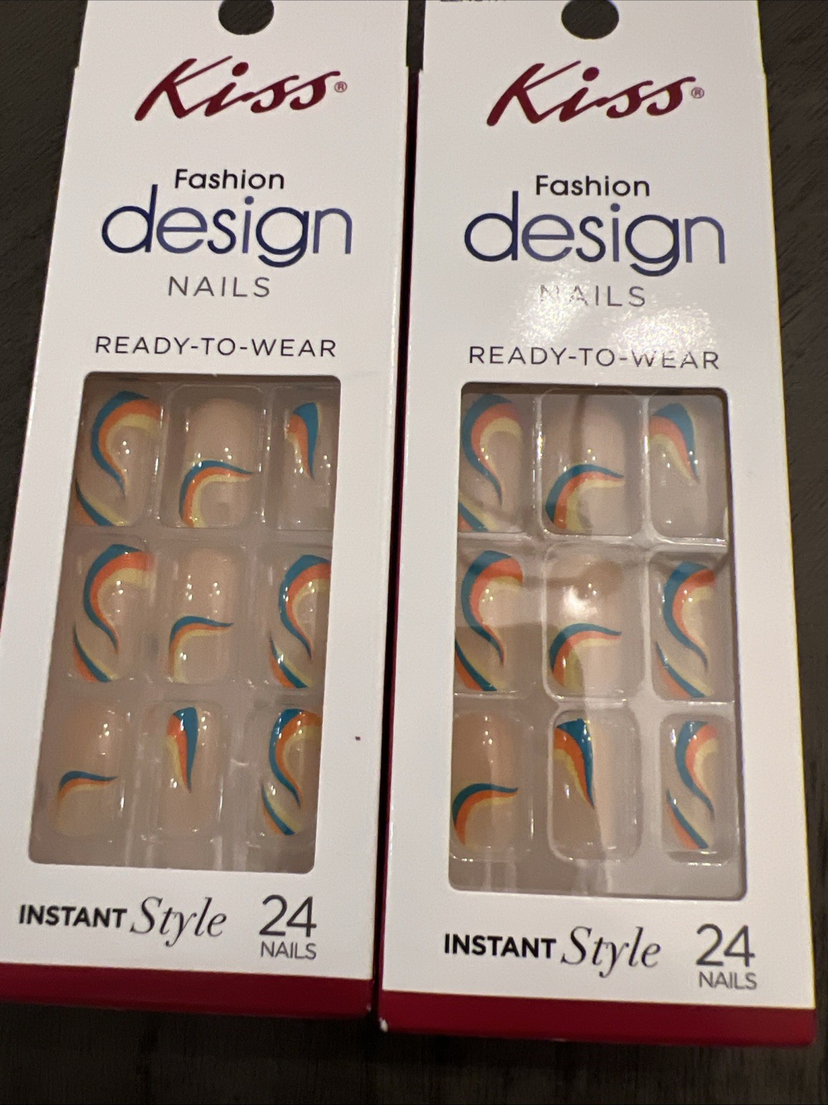 2x~Kiss Fashion Design Orange, Green, Yellow Swirls~Glue On Nail~Medium~New