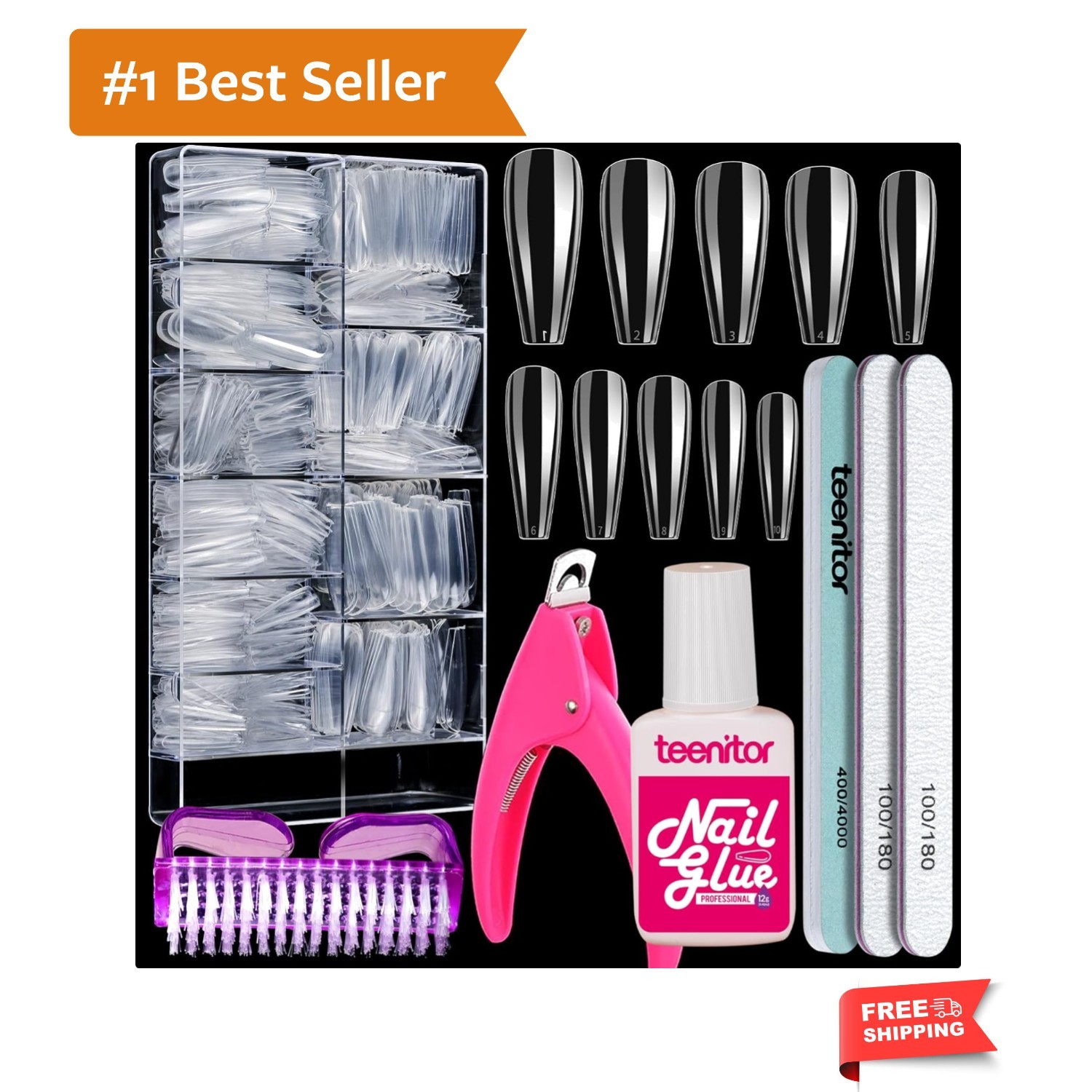 Clear Coffin Nail Tips Set, Long Acrylic Nail Kit Full Cover Clear Press On N…