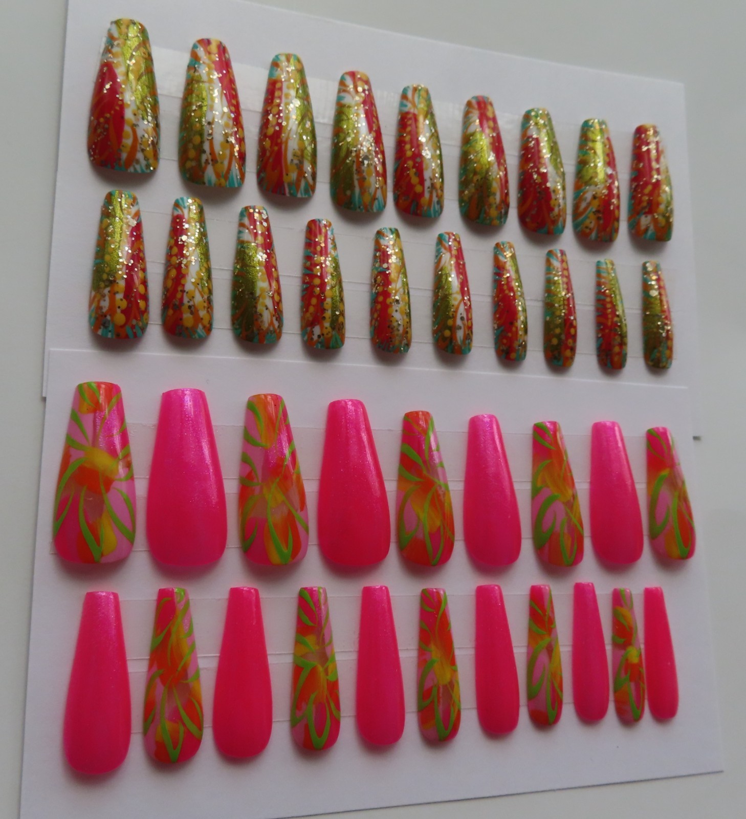 (2) Sets Clear Pink Lime | White Green Yellow Abstract Coffin Press-On Nails