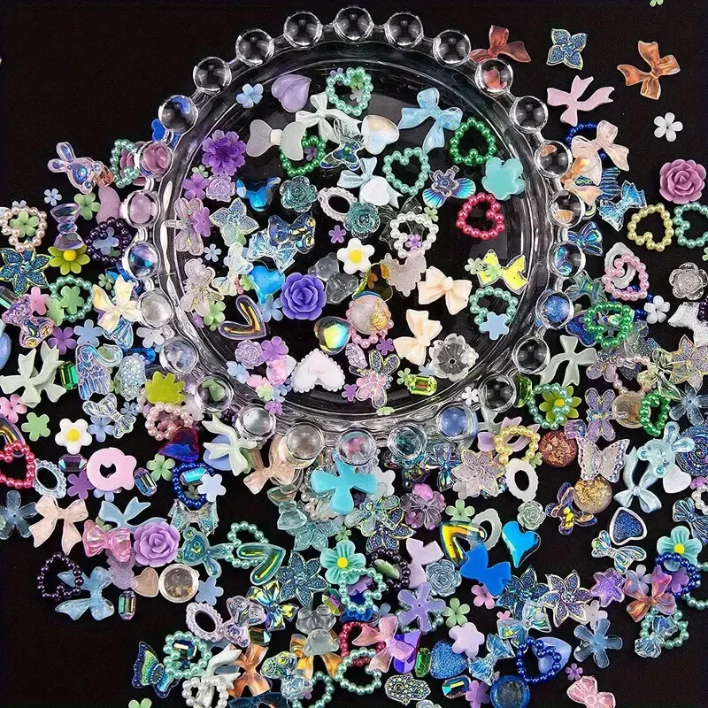 100 pcs Sparkling Acrylic Nail Charms – Butterfly, Bear, Flower, Heart MIX