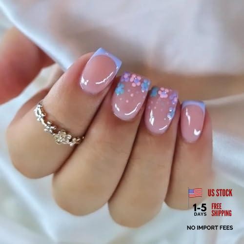 Flower Press on Nails Short Square Fake Nails with Floral Design Glossy Color03