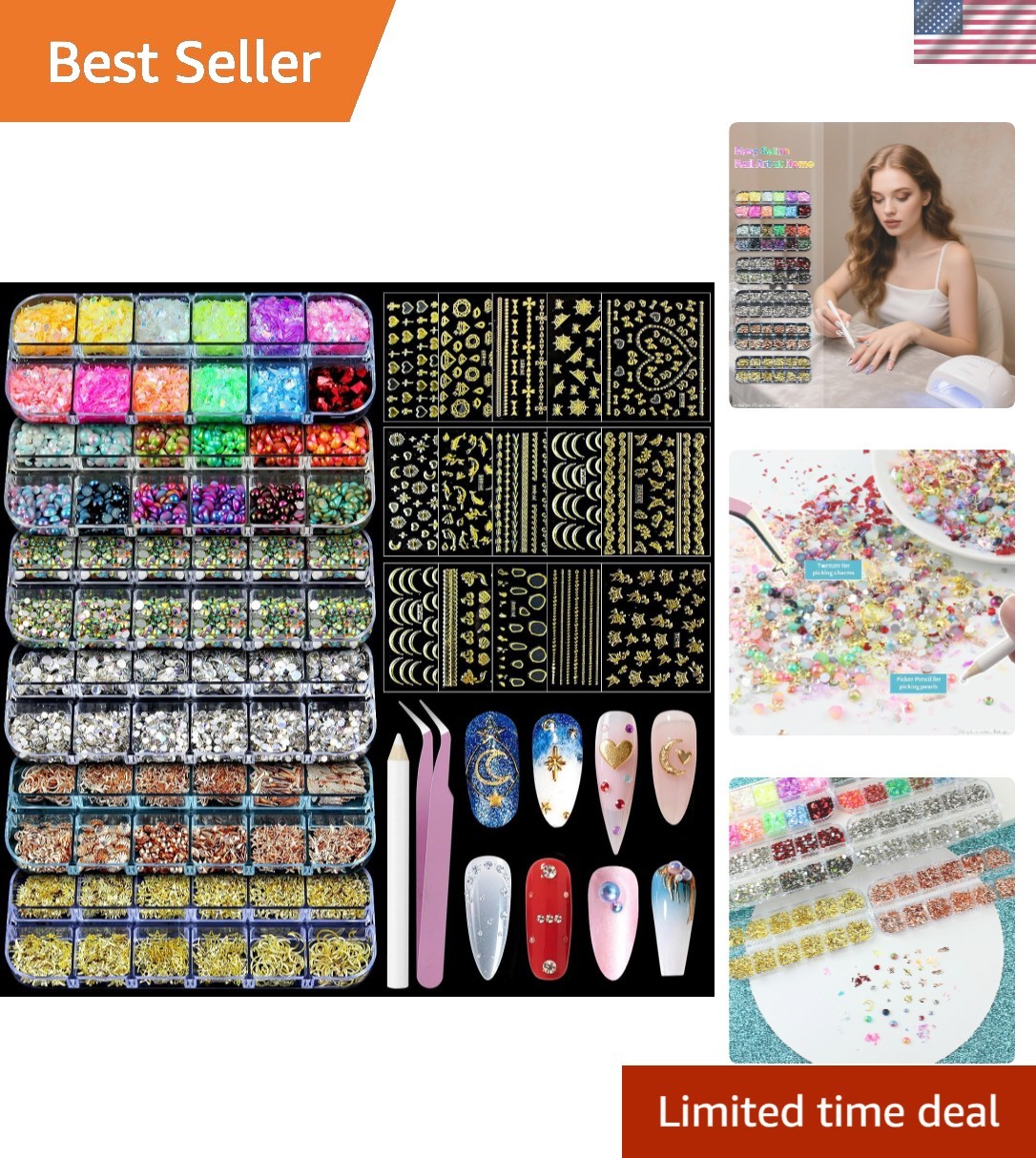 Artdone 3D Nail Art Glitter Studs Kit with 6 Multicolor Boxes & 15 Gold Stickers