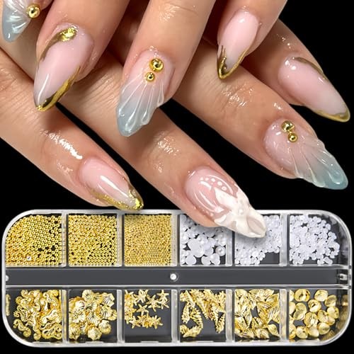 Summer Nail Charms 3D Steel Studs Metal Art Charms Pearls Seashell white