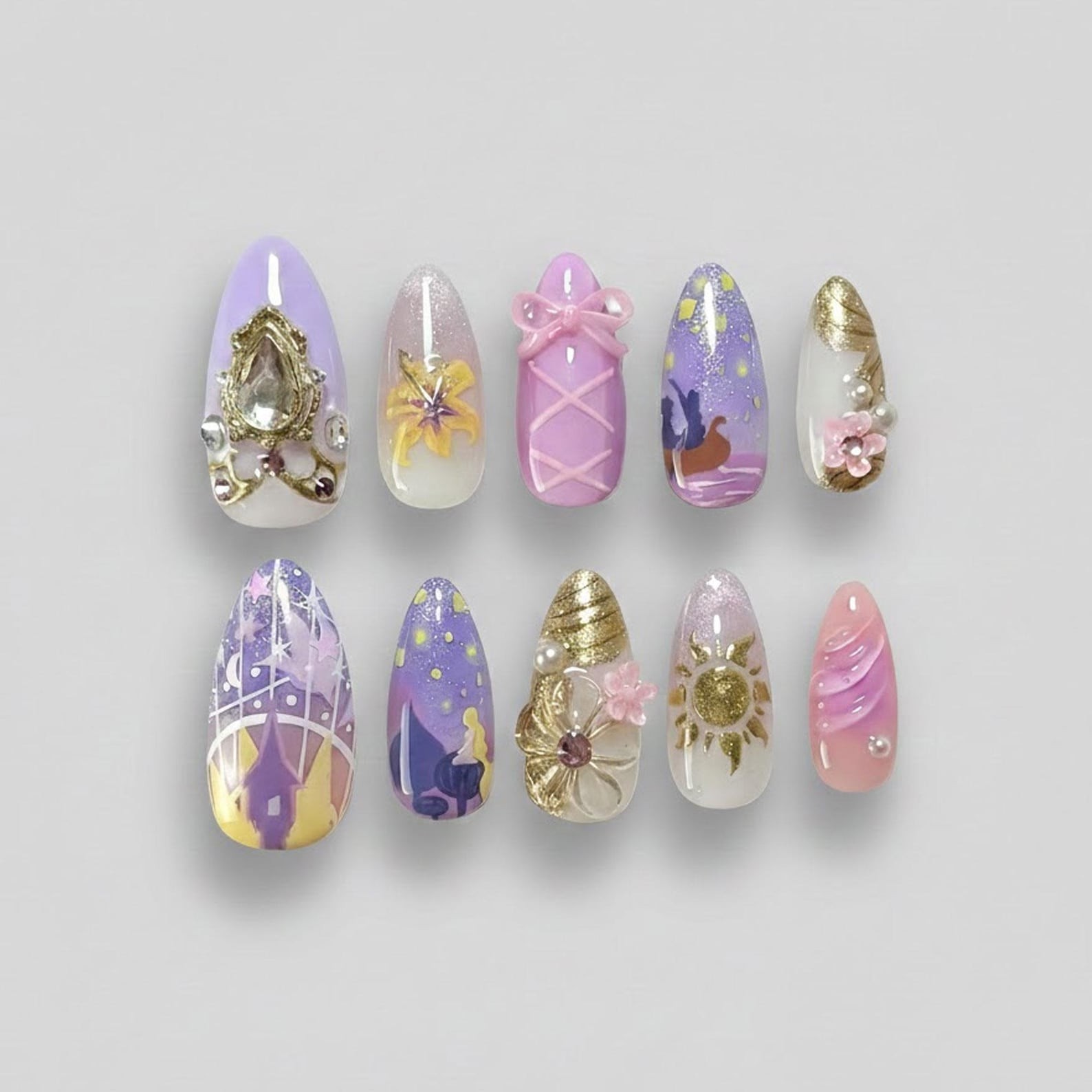 Handmade Tangled Rapunzel Castle Flower Bow Frame Pearl Almond Press on Nails
