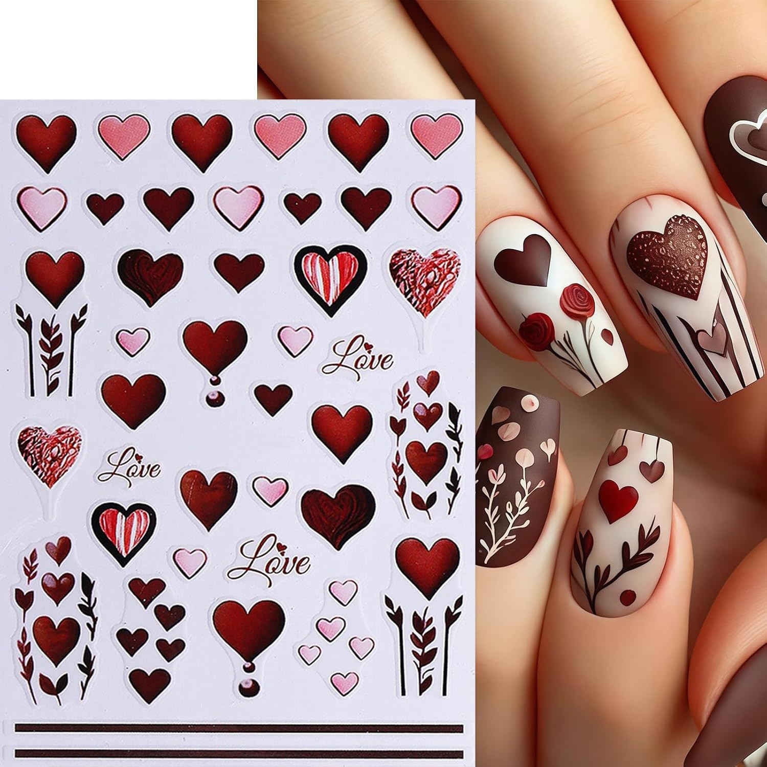 6 Pcs Valentines Day Nail Art Stickers Decals 3D Self-Adhesive Red Rose Love Flo