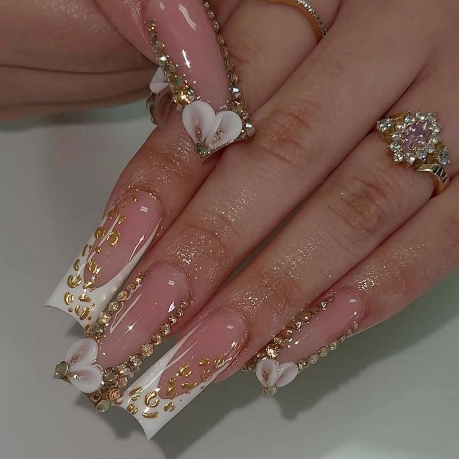 Handmade White French 3D Heart Gold Flake Rhinestone Long Square Press on Nails