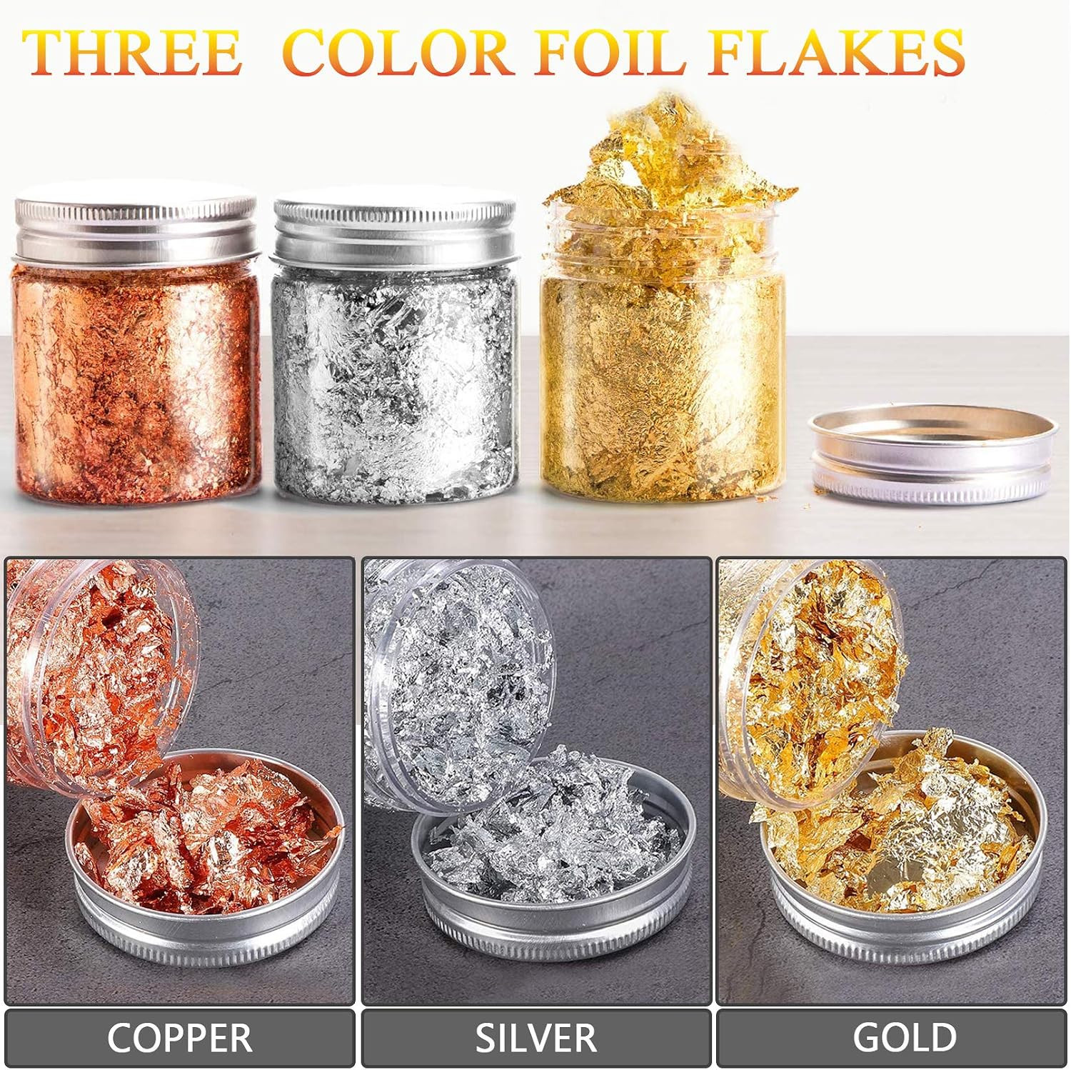 Gold Foil Flakes with Tweezers and Brush, 3 Colors Imitation Gold Foil Flakes