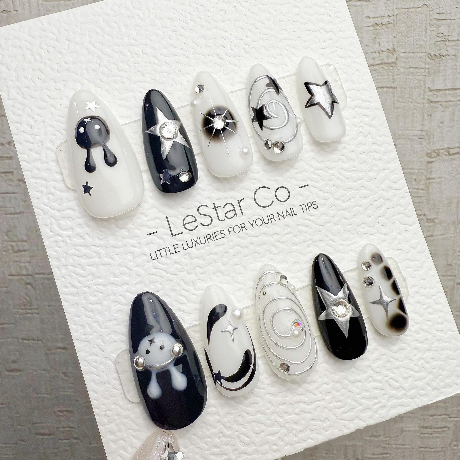 Custom Handmade Ghost Star Rhinestone Swirl Long Almond Press on Nails