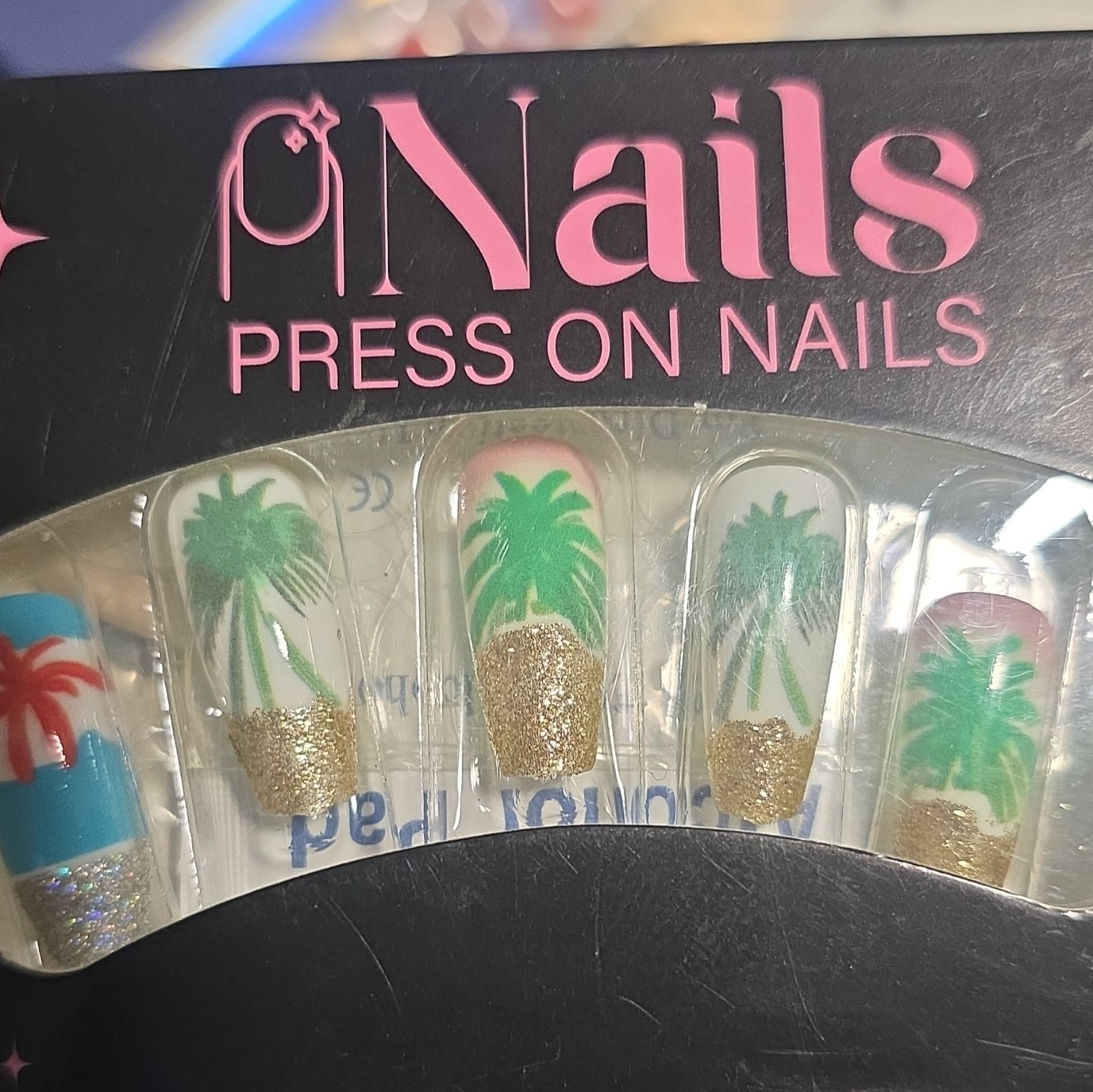 Press-On Nails Multicolor Tropical Palm Tree Glitter Tip Pre-Designed Set