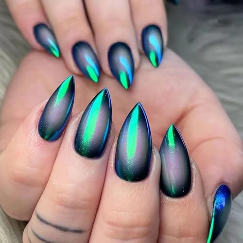 Medium Almond Shaped Cat Eye Nail Press on Nails – Dark Green – Green Cat Eye