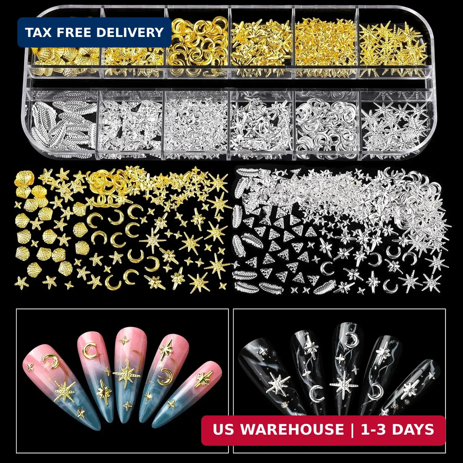 Teenitor Nail Charms and Gems with Nail Stickers, 6 Boxes Silver & Gold Nail Gem