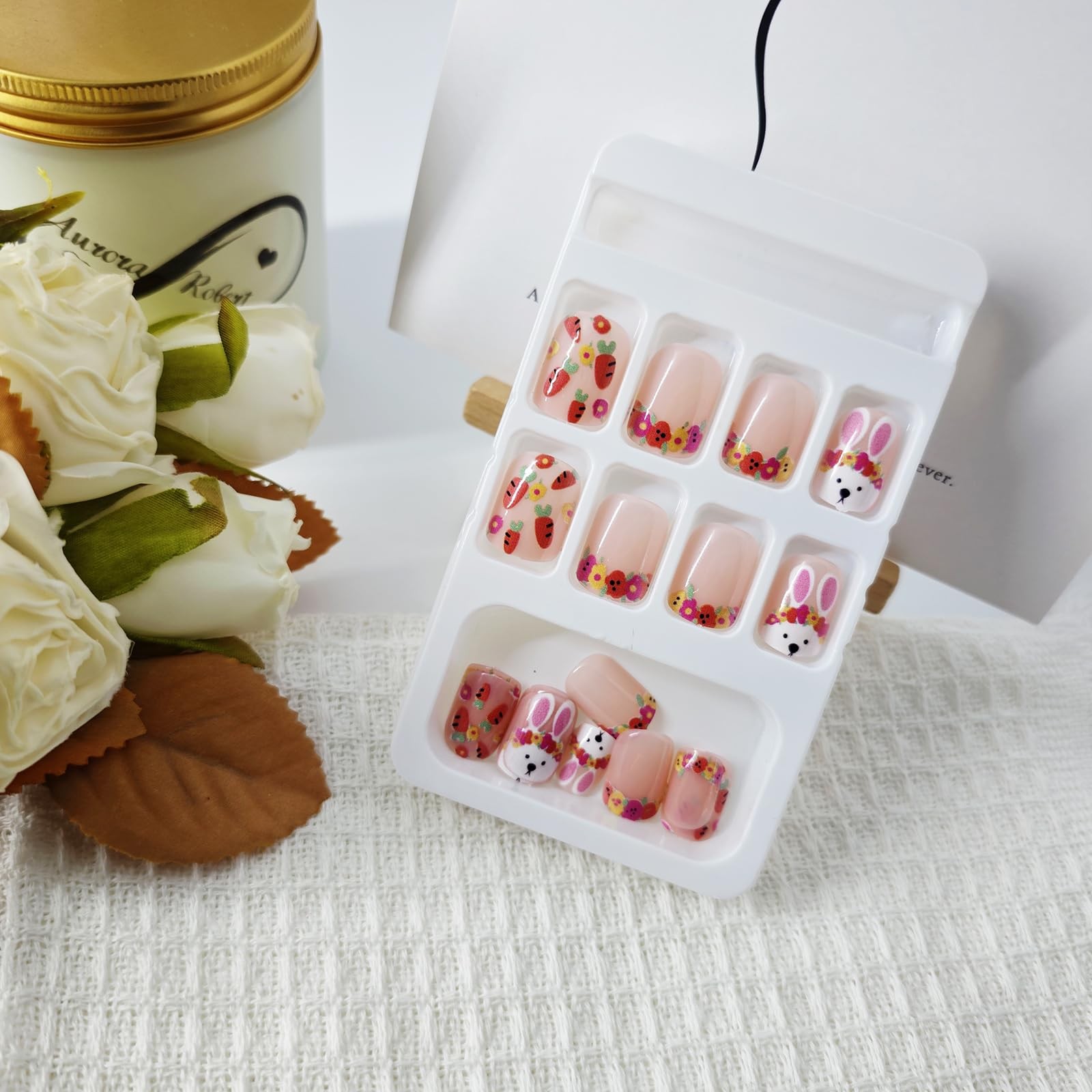 Easter Press on Nails Short Square Fake Nails Cute Bunny & Carrot Design Fals…