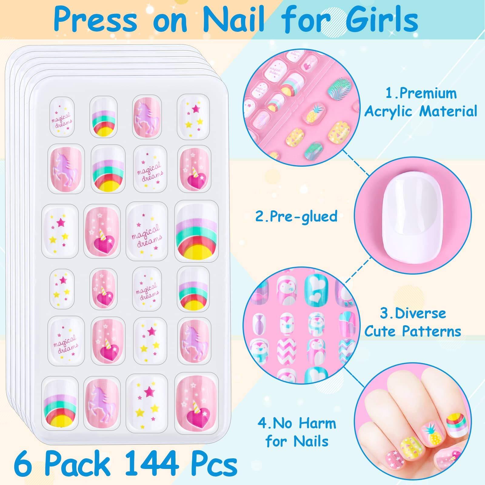 144Pcs False Press On Nails for Kids Self-Adhesive Fake Full Cover Nail Tips