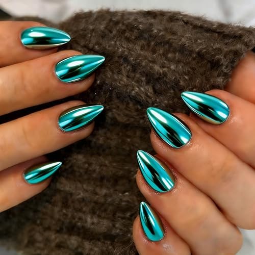 Acrylic Press on Nails Short Almond – Metallic Chrome Press On almond-teal