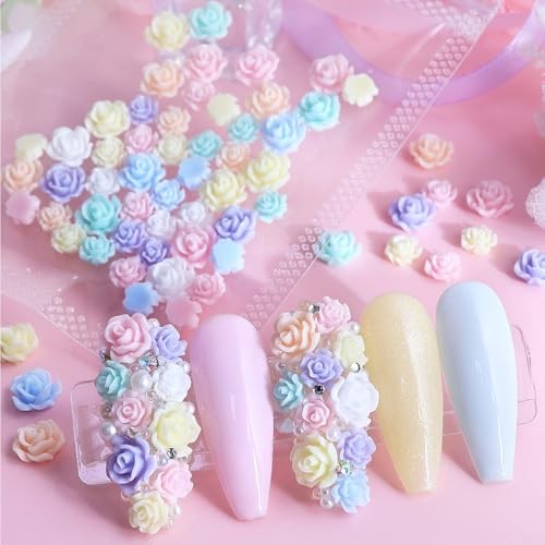 50 Pcs Flowers Nail Charms 3D Resin White Pink Blue Purple Orange Colorful