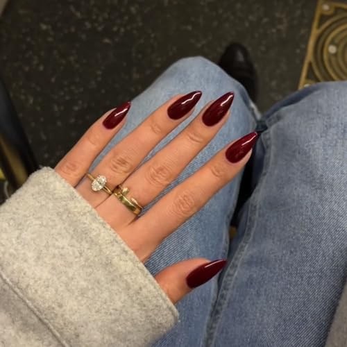 Burgundy Red Press on Nails Almond Shaped 48Pcs Neutral almond burgundy red