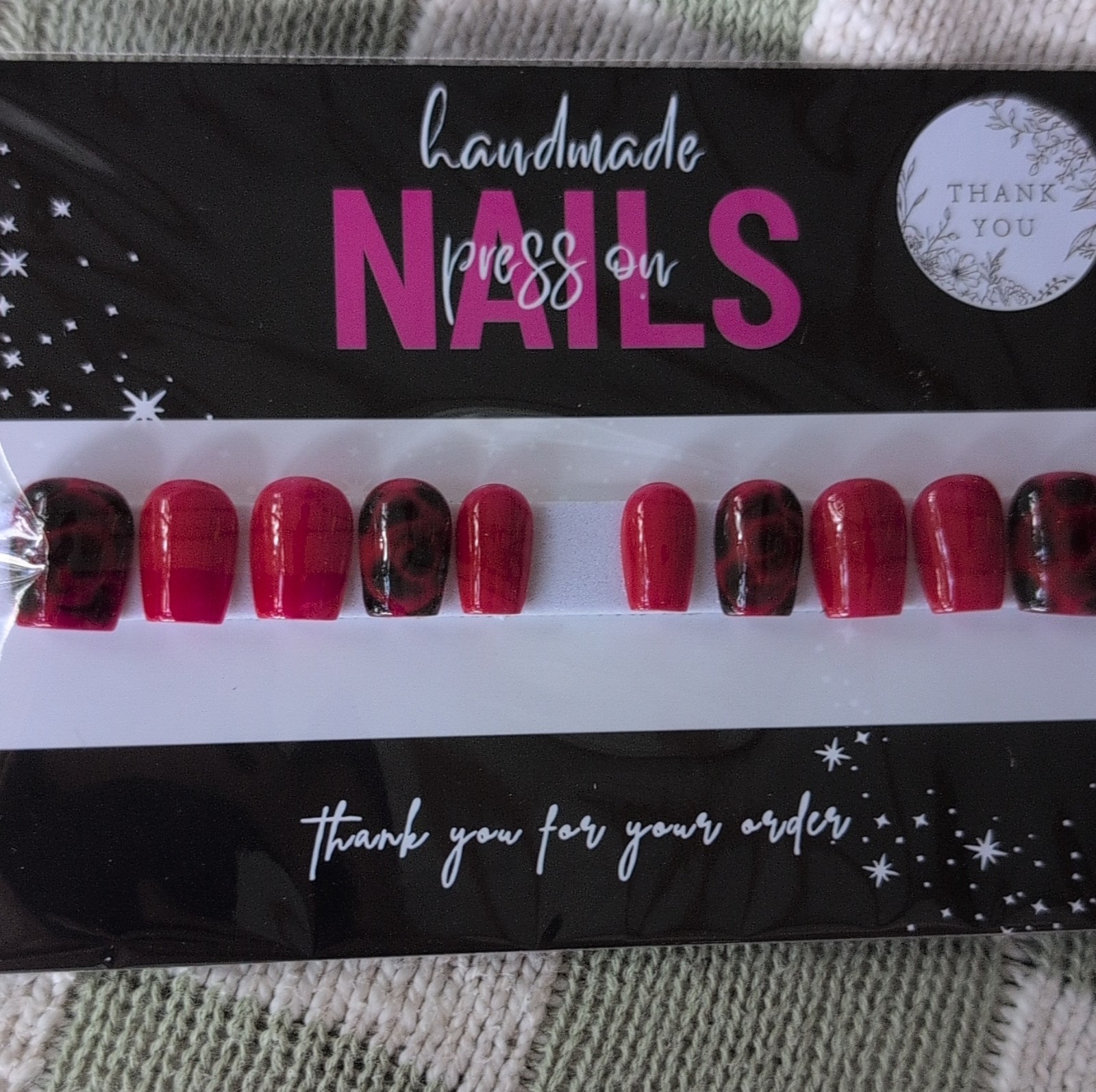 Handmade Press-On Nails Short Square Red Black Abstract Sized Medium