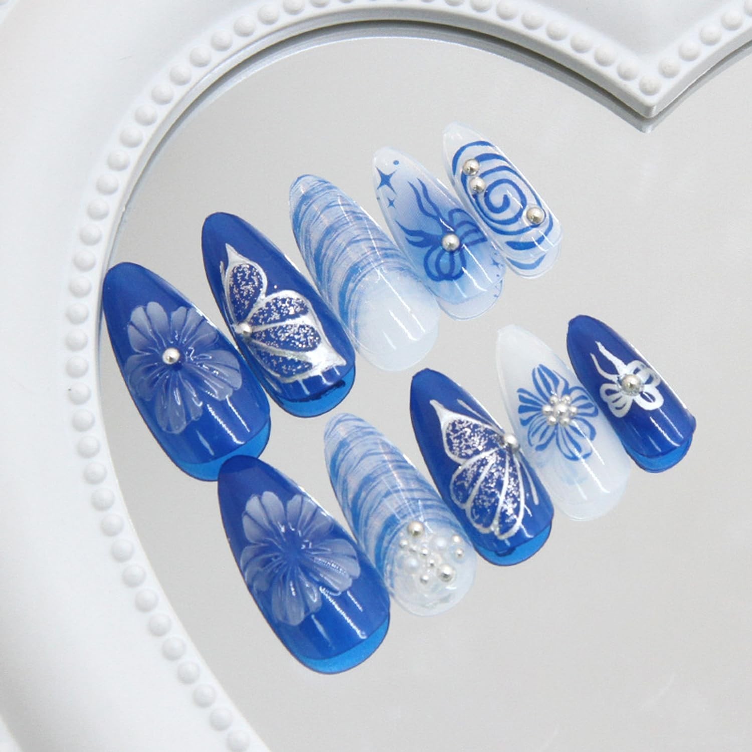 Reusable Floral Almond-Shaped Press On Nails – Easy Application & Glossy Finish