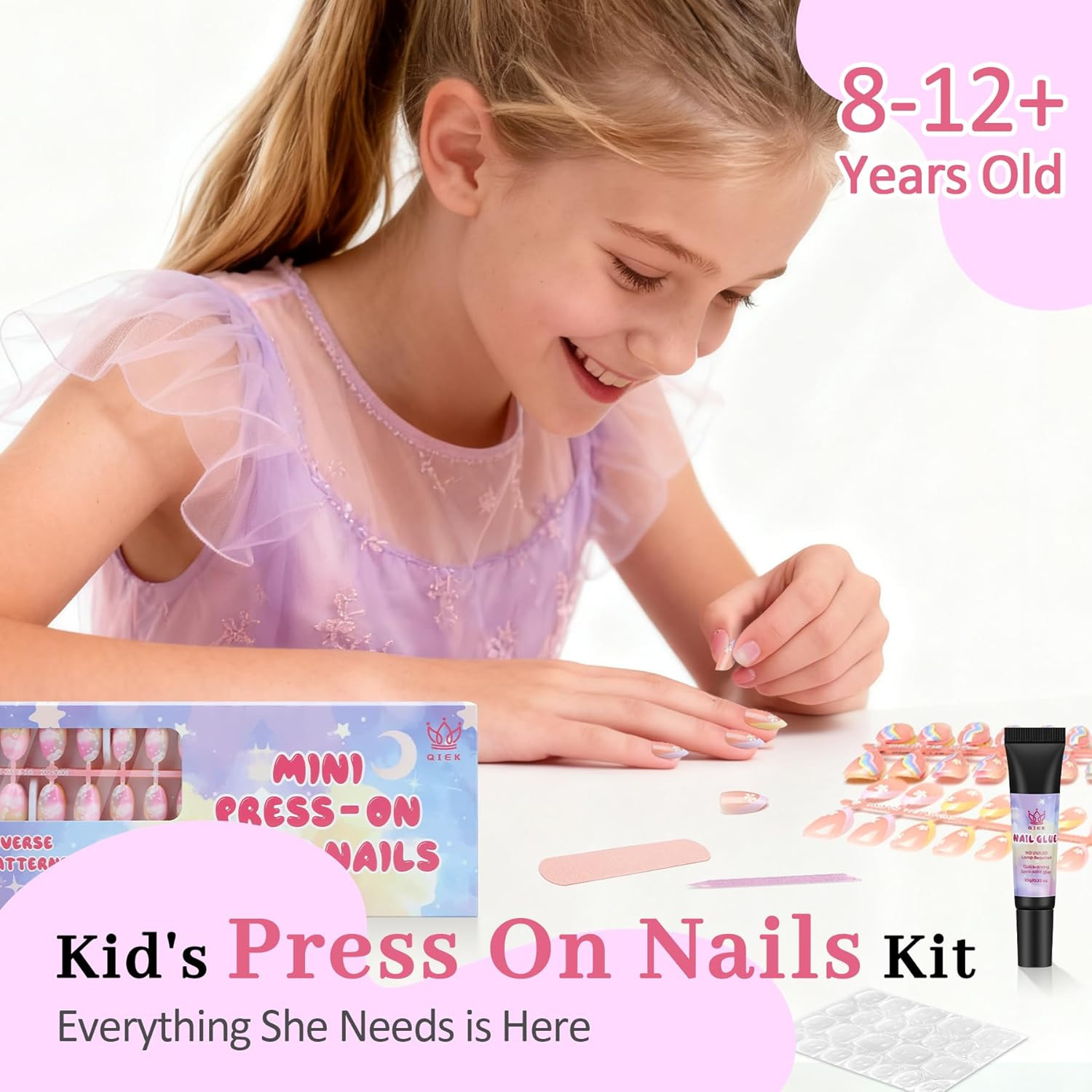 16 Sizes 128 Pieces Press on Nails for Kids, 4 Pack Kids Nail Kit Colorful Flowe