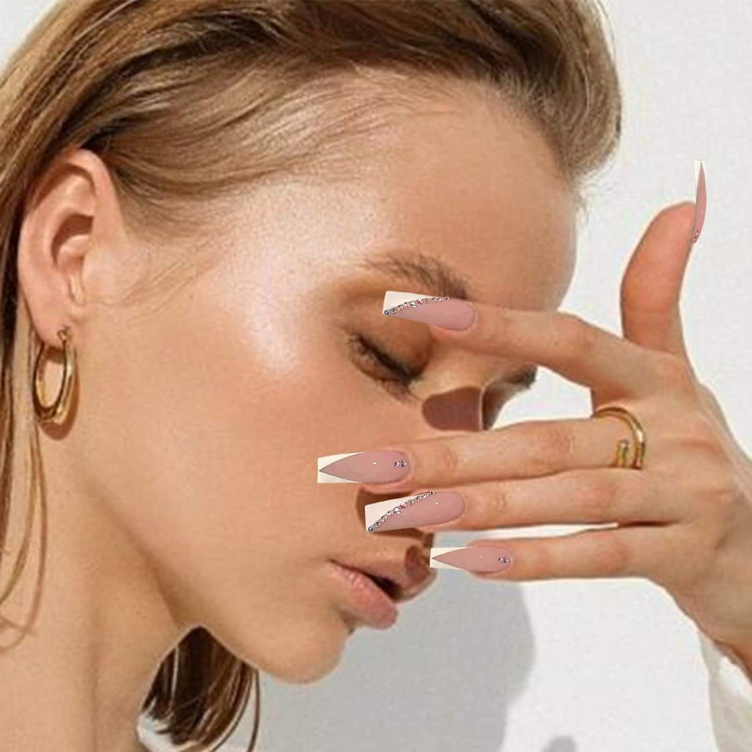 Elegant French Tip Press-On Nails with Pink & White Rhinestones, Coffin Shape