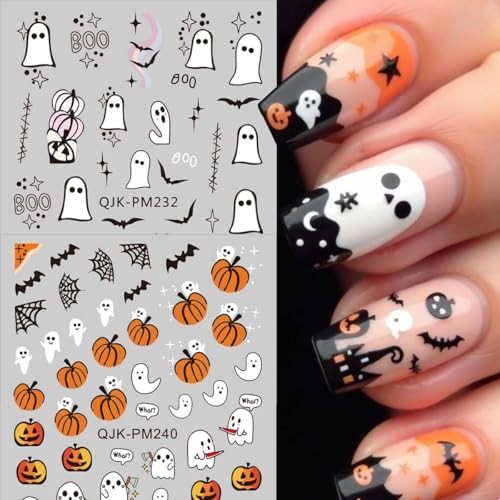 8 Sheets Halloween Nail Stickers Decals Cute Ghost Bat Spider Web Halloween 07