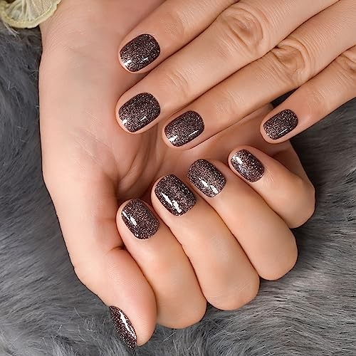 Medium Length Press on Nails False Nails Full Cover Short Fake Dark Brown