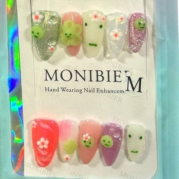 Kawaii Smiley Face Press On Nails Cute Y2K Aesthetic Pastel Flower 3D Nail