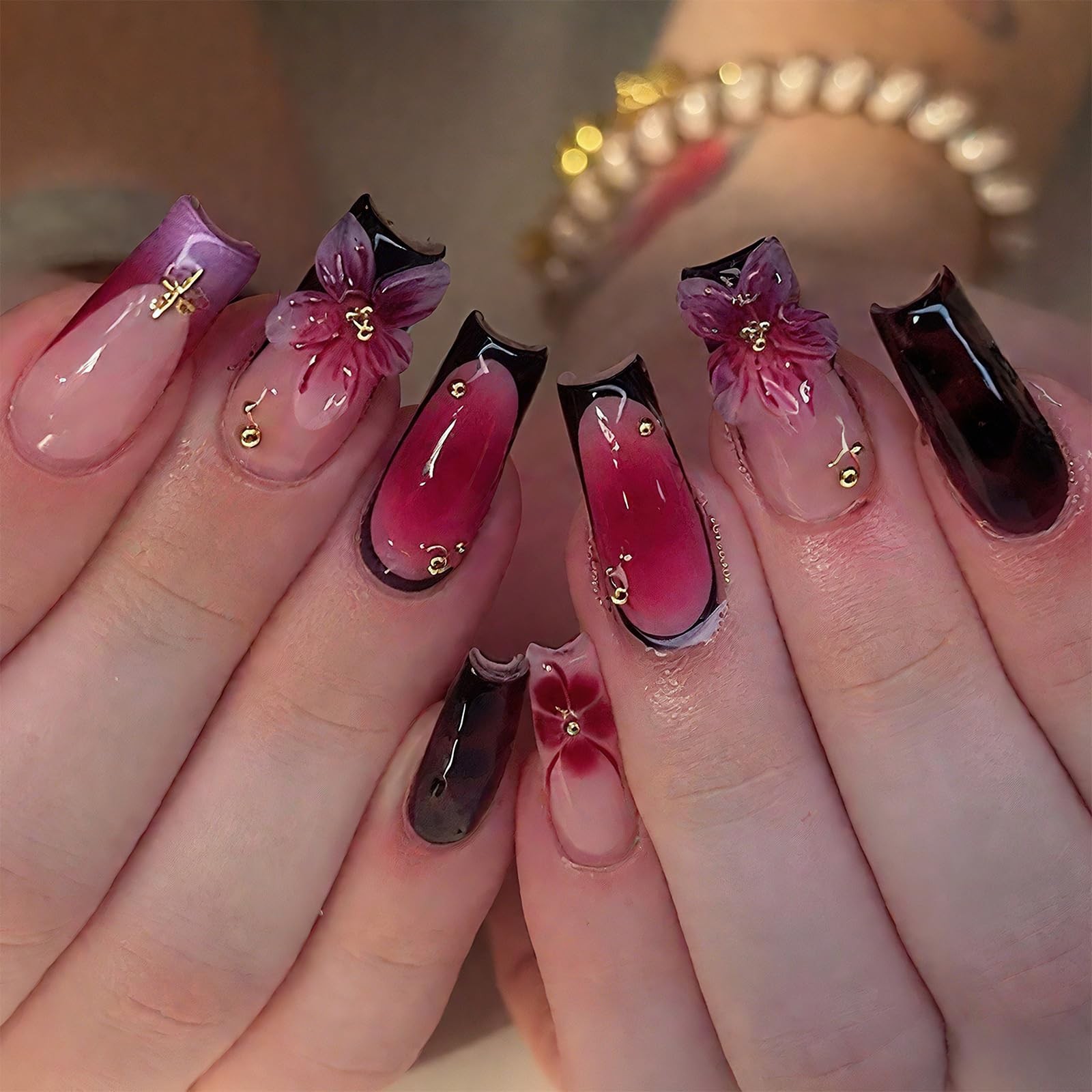 Jremg 3D Floral Press on Nails Medium Square Fake Square, Multicolor